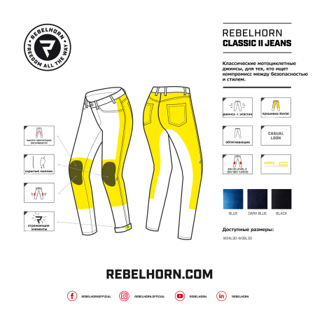 Мотоджинсы Rebelhorn ClassicII slim fit темный синий - магазин Motostyles