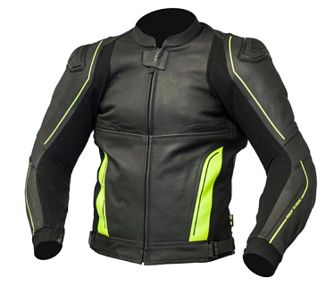 Мотокуртка кожаная Ozone Volt черный/флуо/желтый - магазин Motostyles
